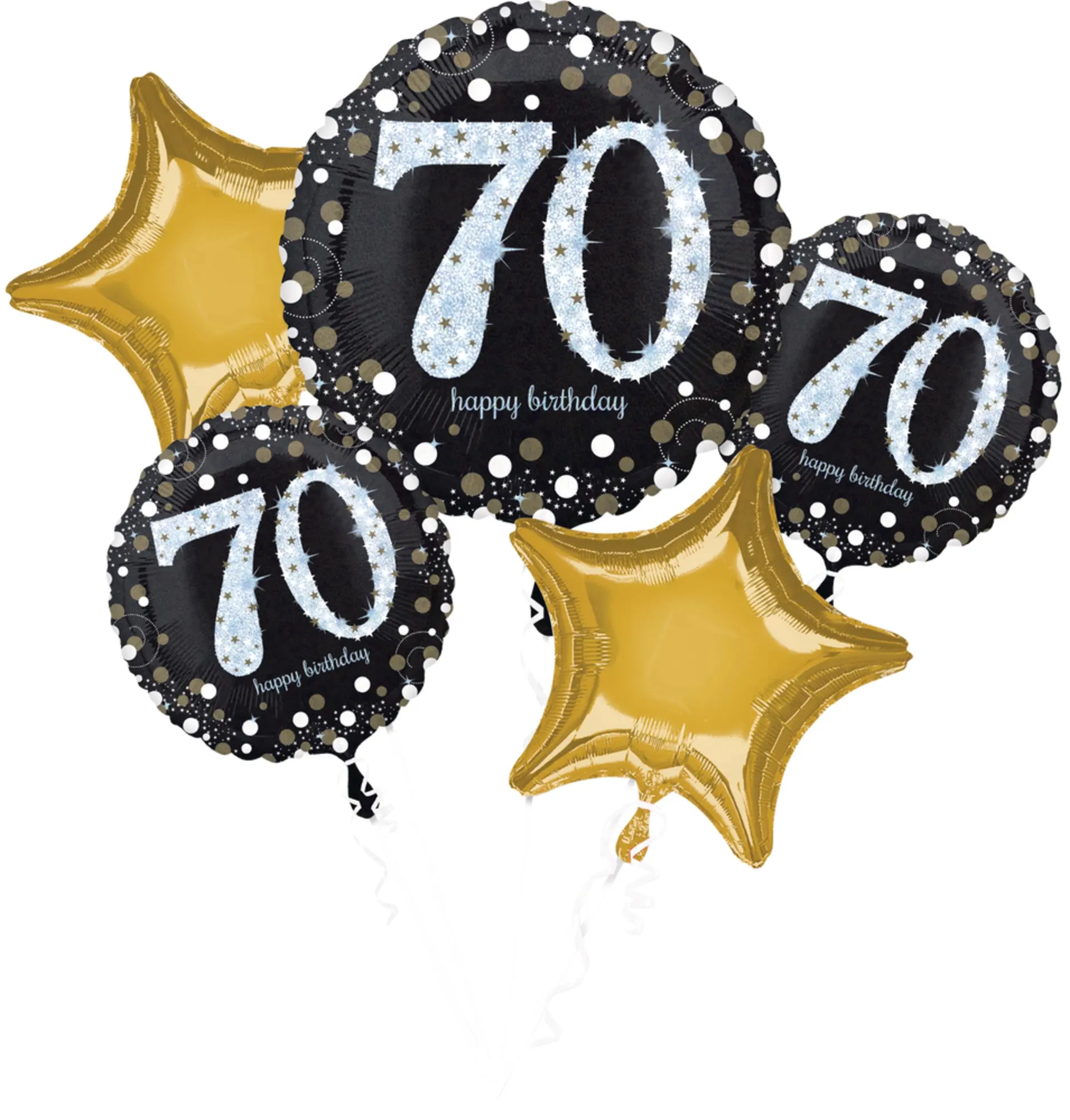 Sparkling Celebration "Happy 70th Birthday"Star Satin Foil Balloon Bouquet, Black/Gold, 5-pk, Helium Inflation & Ribbon Included for Birthday Party