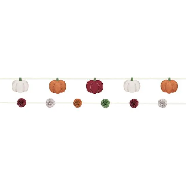 Felt Pumpkin Pom Pom Double Banner, Multi-Coloured, 12-in, Indoor Decoration for Fall
