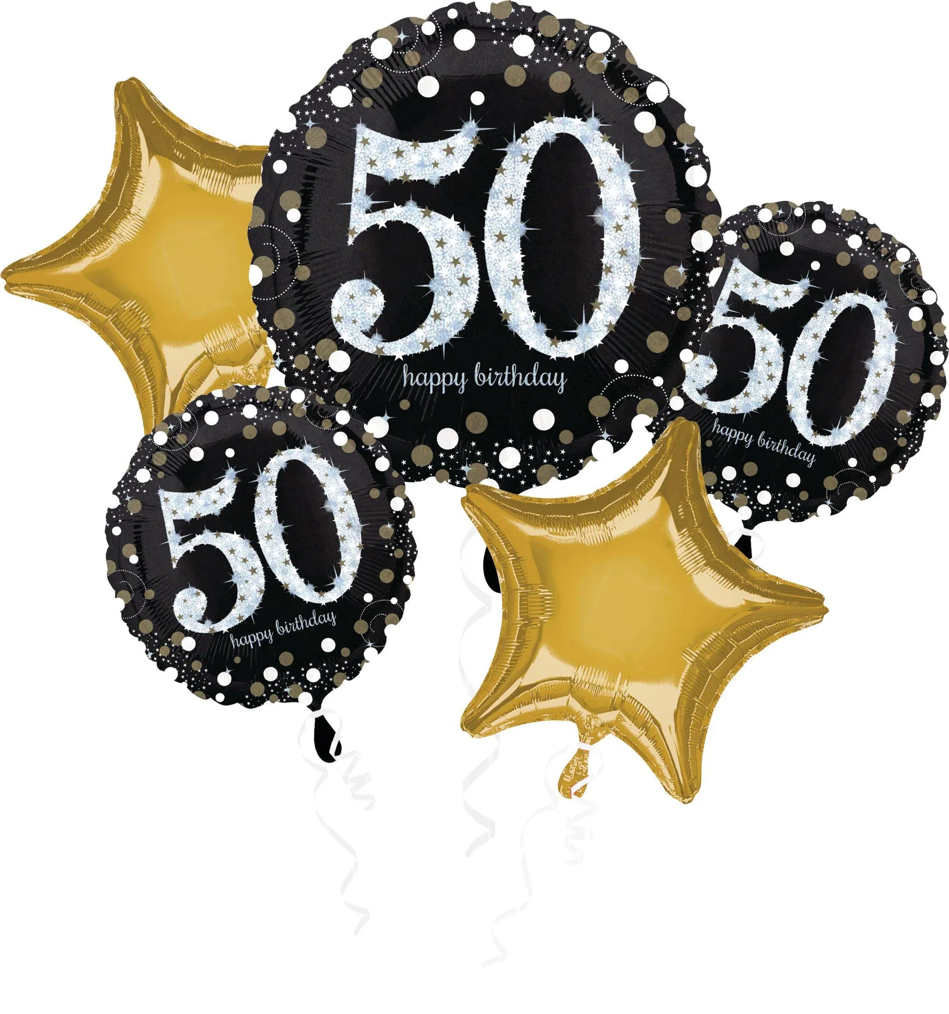 Sparkling Celebration "Happy 50th Birthday" Star Satin Foil Balloon Bouquet, Black/Gold, 5-pk, Helium Inflation & Ribbon Included for Birthday Party