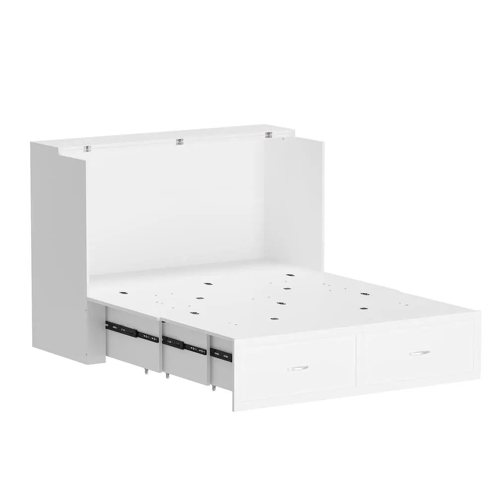 White Wood Full-Size Murphy Bed Chest with 2 Large Drawers, USB Charging & Wheels
