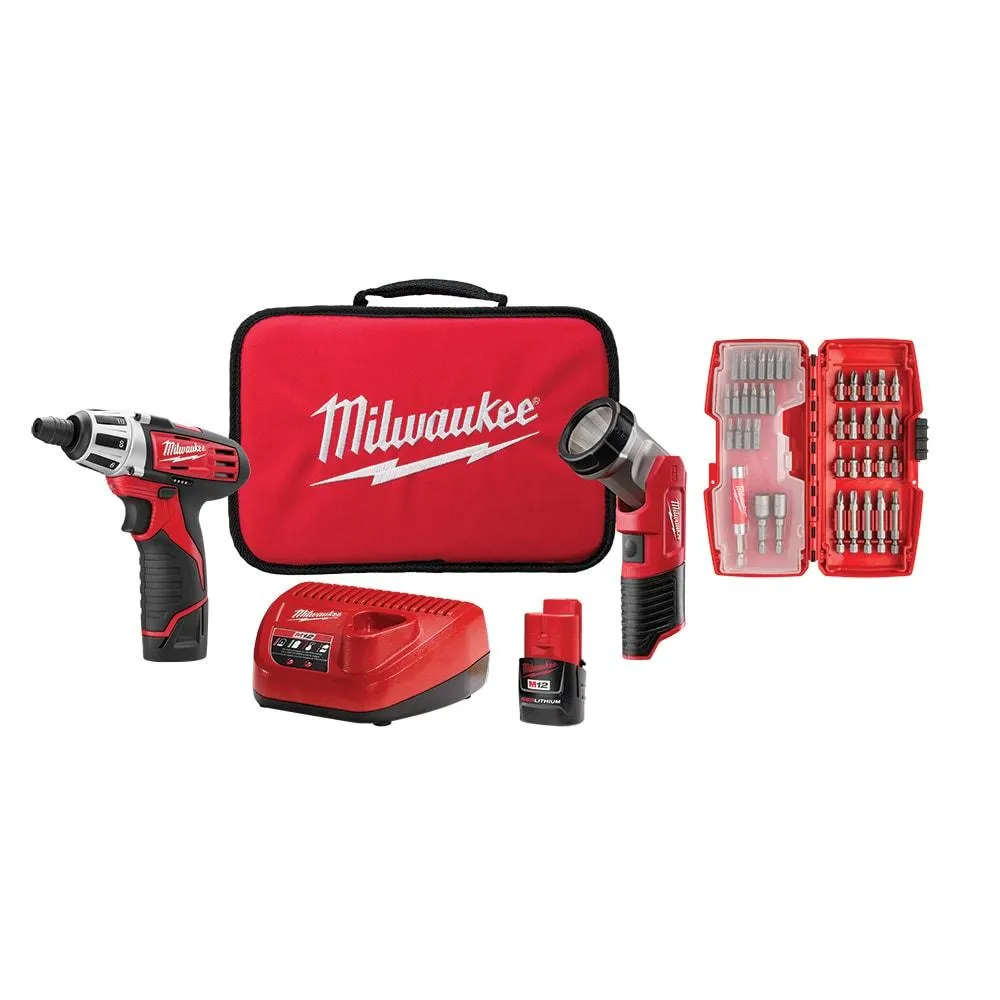 M12 12V Lithium-Ion Cordless 1/4 -inch Hex Screwdriver/LED Worklight Kit W/(2) 1.5Ah Batteries,Bit Set & Bag