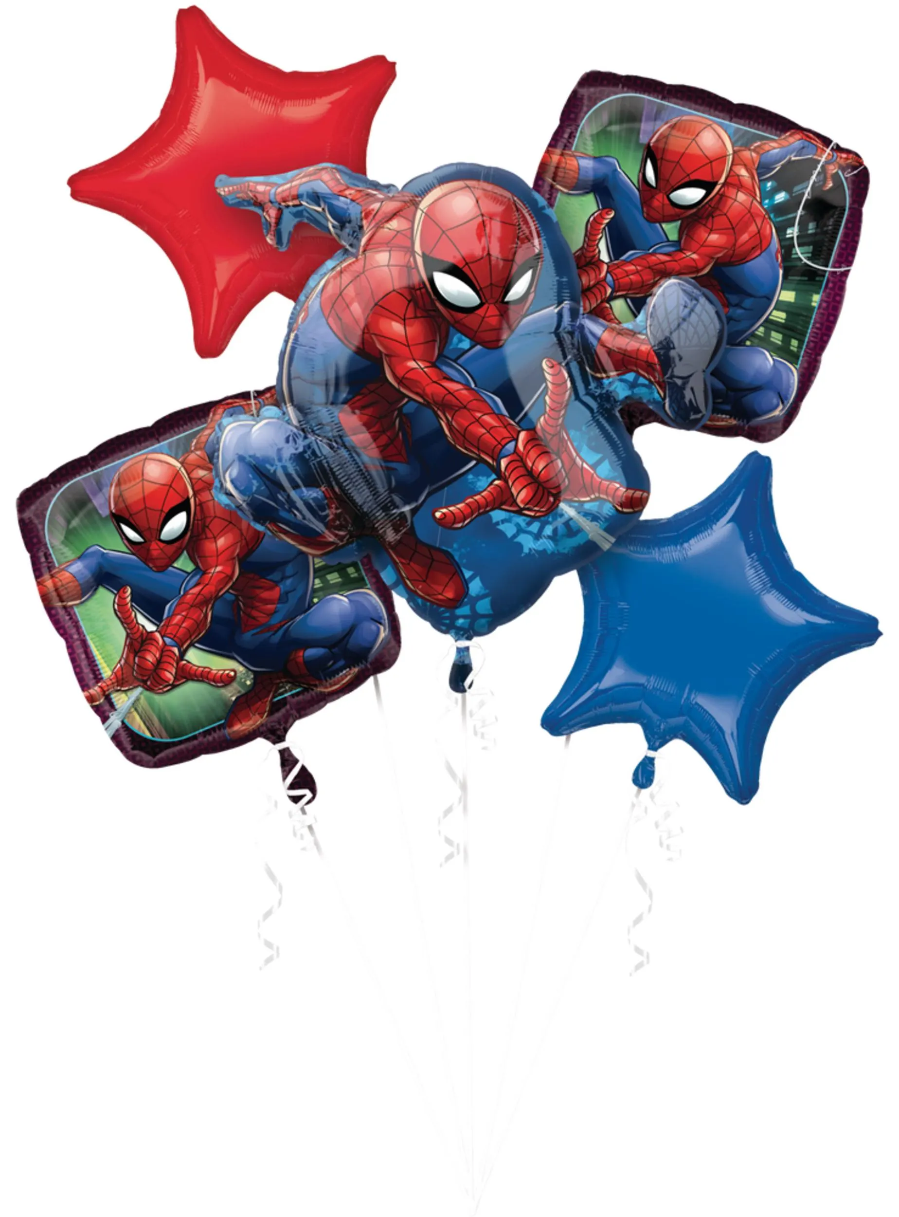 Disney Marvel Spider-Man Star/Square Satin Foil Balloon Bouquet, Red/Blue, 5-pk, Helium Inflation & Ribbon Included for Birthday Party
