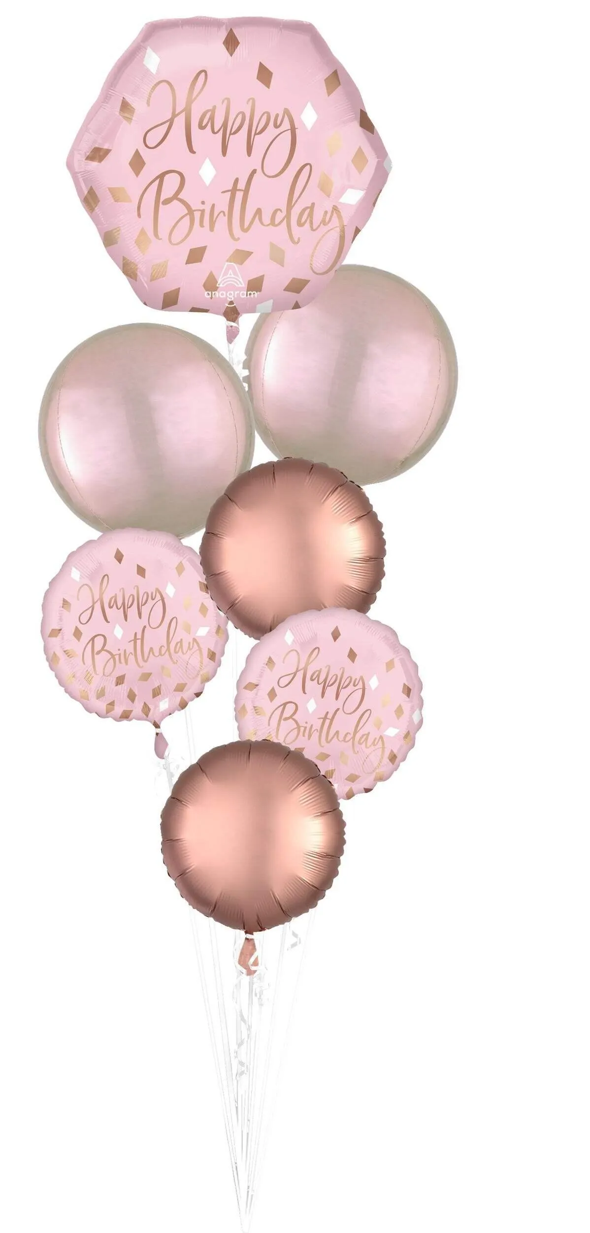 Blush Birthday "Happy Bday" Round/Orbz Satin Foil Balloon Bouquet, Rose Gold/Pink, 7-pk, Helium Inflation & Ribbon Included for Birthday Party