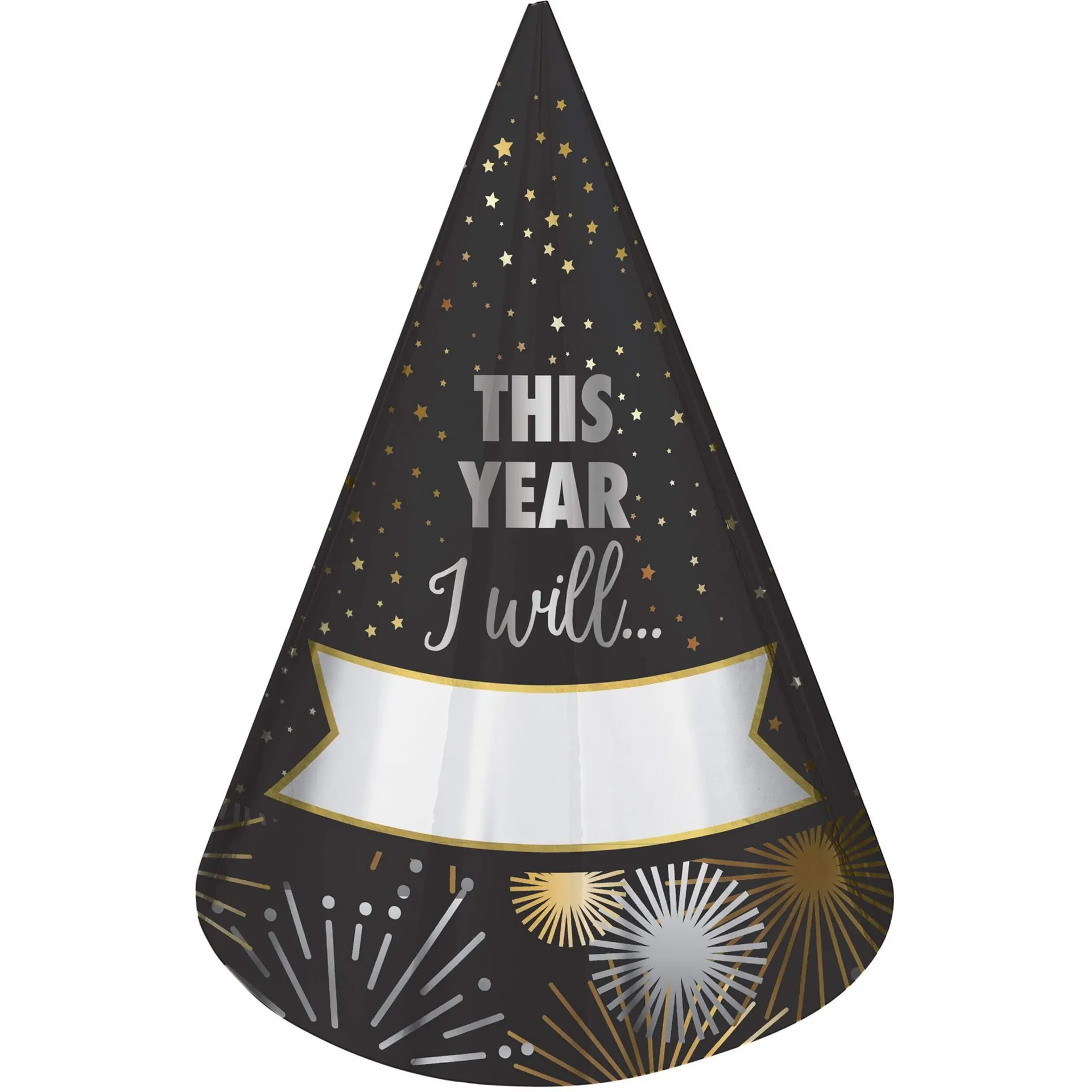 lack Silver & Gold Fill-In New Year's Resolution Party Hats, 8-pk