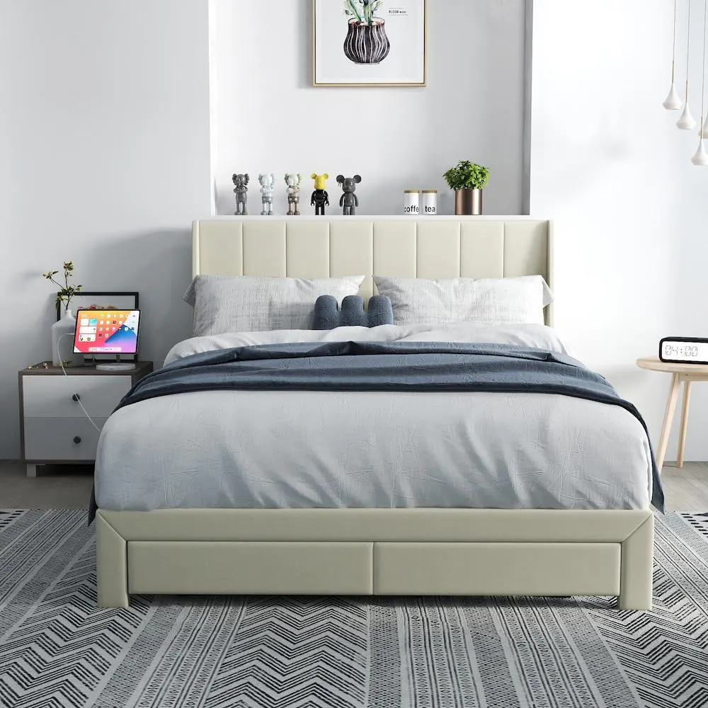 SUMMIT Queen Beige Platform Bed with Wingback LED Headboard, Charging Ports, Storage Drawer