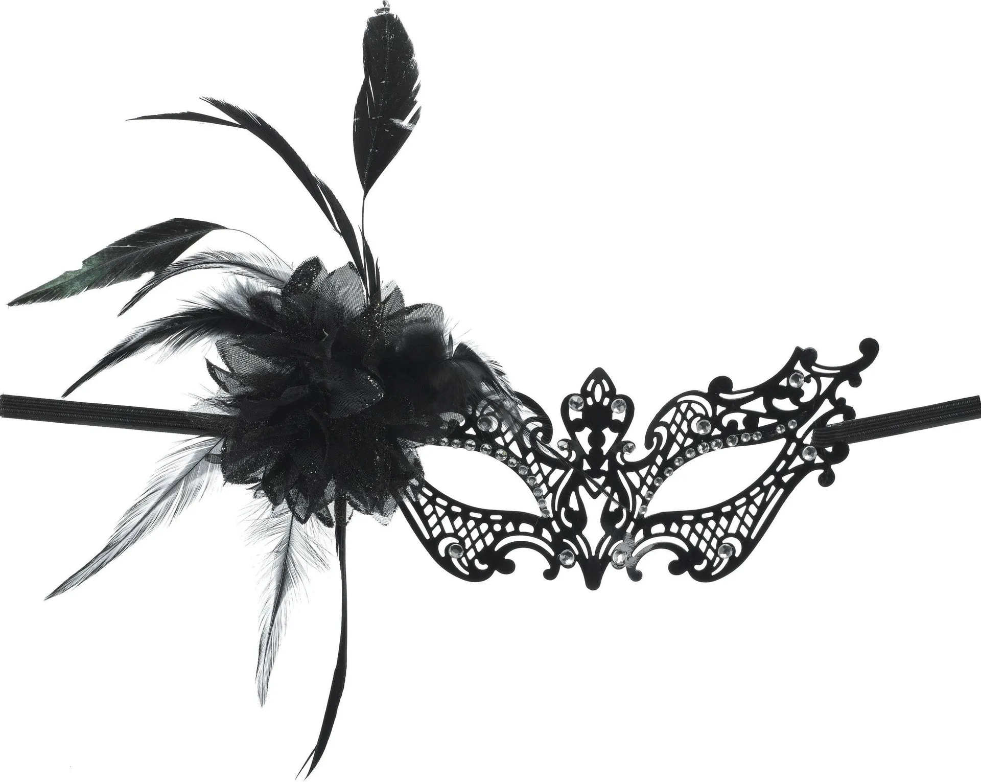 Feather Filigree Flower Masquerade Eye Mask, Black, One Size, Wearable Costume Accessory for Halloween
