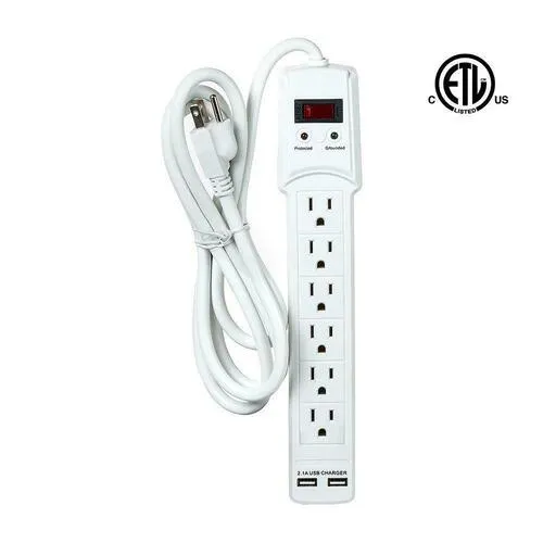 6-Outlet Surge Protector Power Strip with 2 USB Ports, 2m (6.56ft) - PrimeCables®