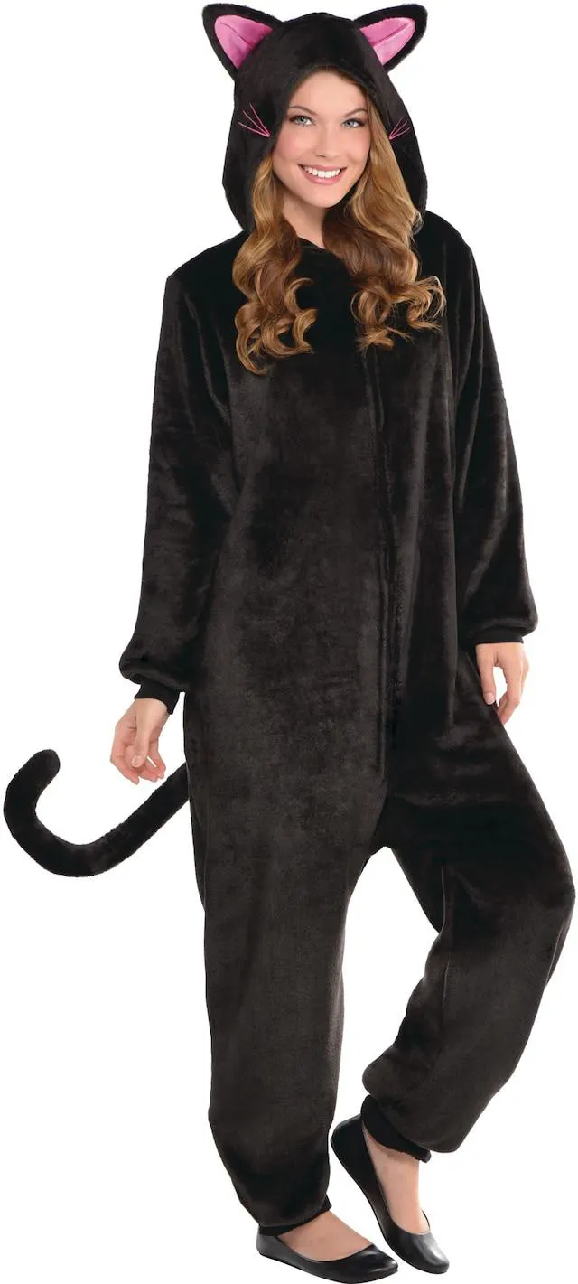 Women's Cat Black Jumpsuit with Hood & Tail Halloween Costume, Assorted Sizes