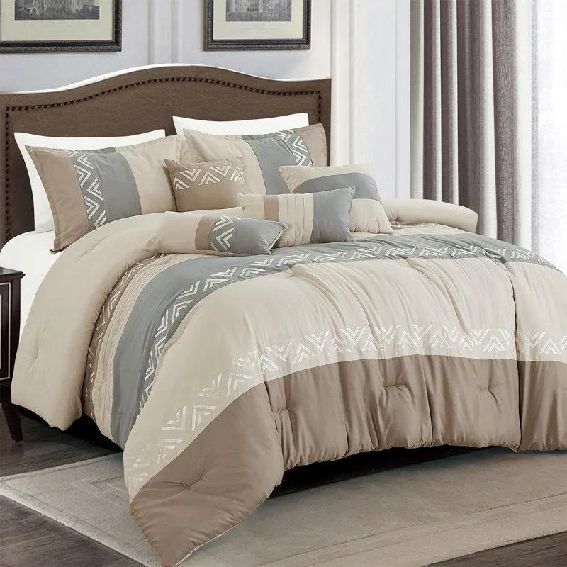 Taupe/Ivory/Light Grey Microfiber 7 Piece Comforter Set