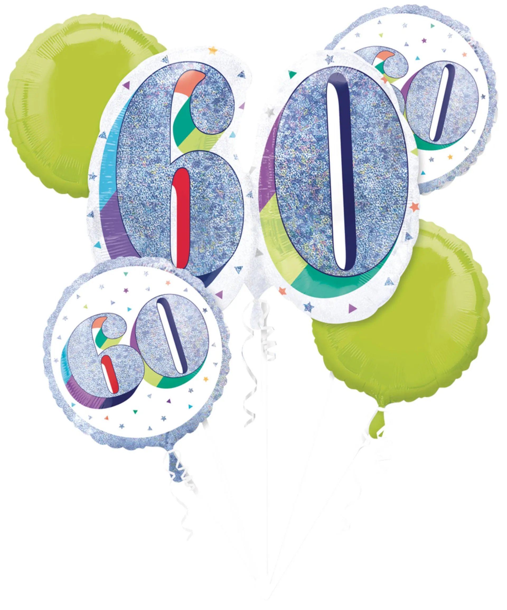 Prismatic Rainbow "60" Round Satin Foil Balloon Bouquet, Silver/Green, 5-pk, Helium Inflation & Ribbon Included for Birthday Party