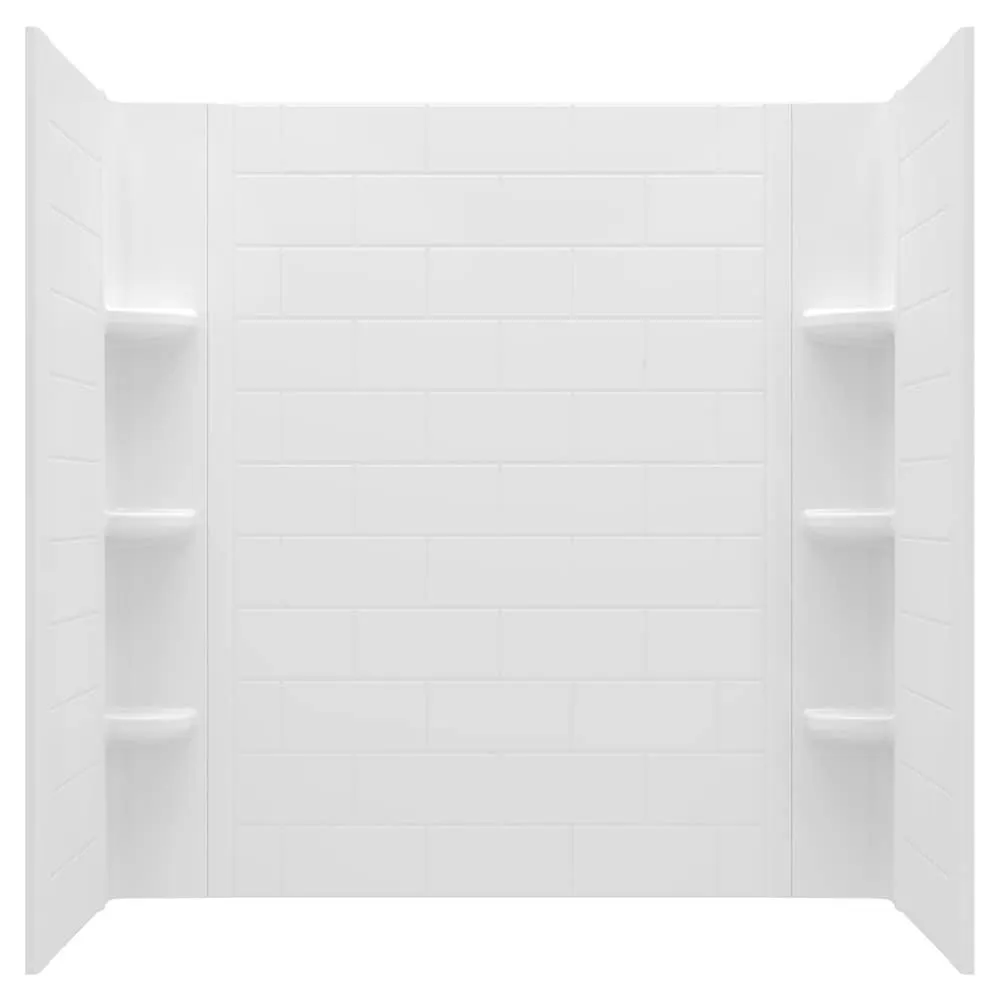 Ovation Curve 60 in. W x 60 in. H 3-Piece Glue Up Alcove Subway Tile Tub Surround in White with Built-In Shelves