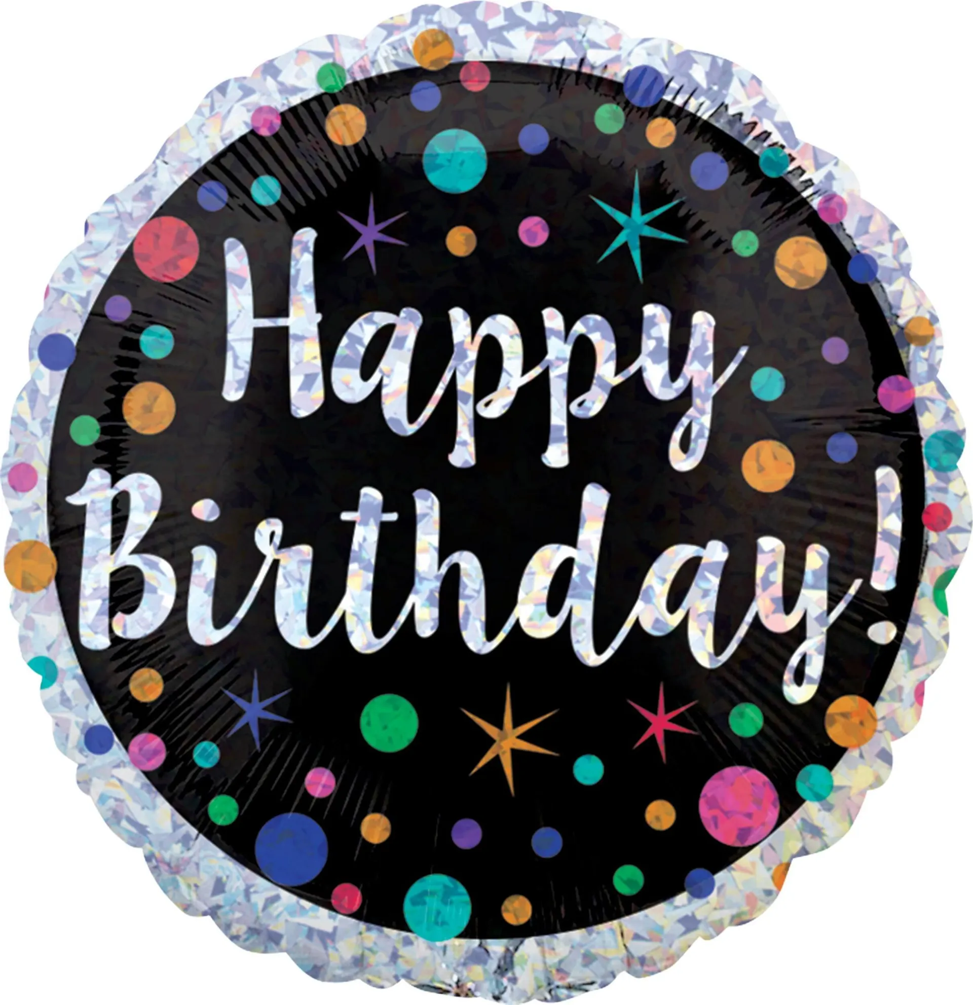 "Happy Birthday" Round Satin Foil Balloon, Silver/Black, Polka Dot, 17.5-in, Helium Inflation & Ribbon Included for Birthday Party