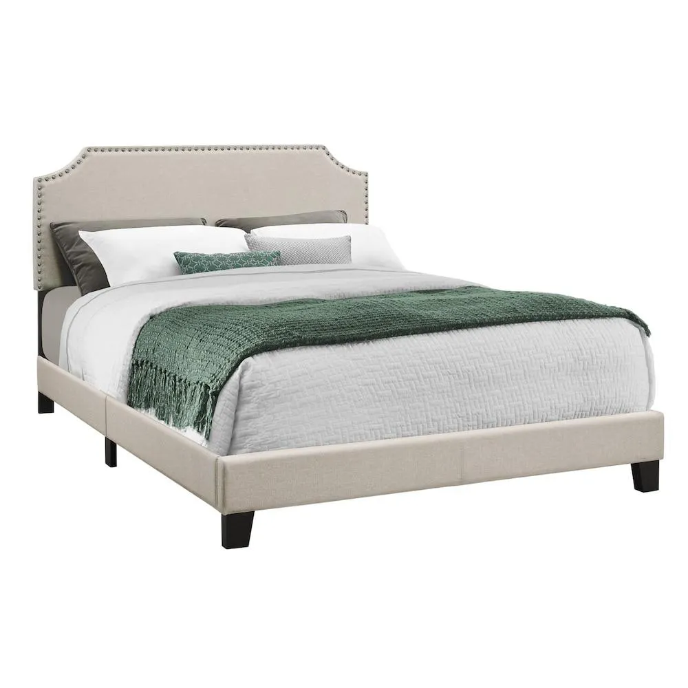 Bed, Queen Size, Platform, Bedroom, Frame, Upholstered, Linen Look, Wood Legs, Beige, Black