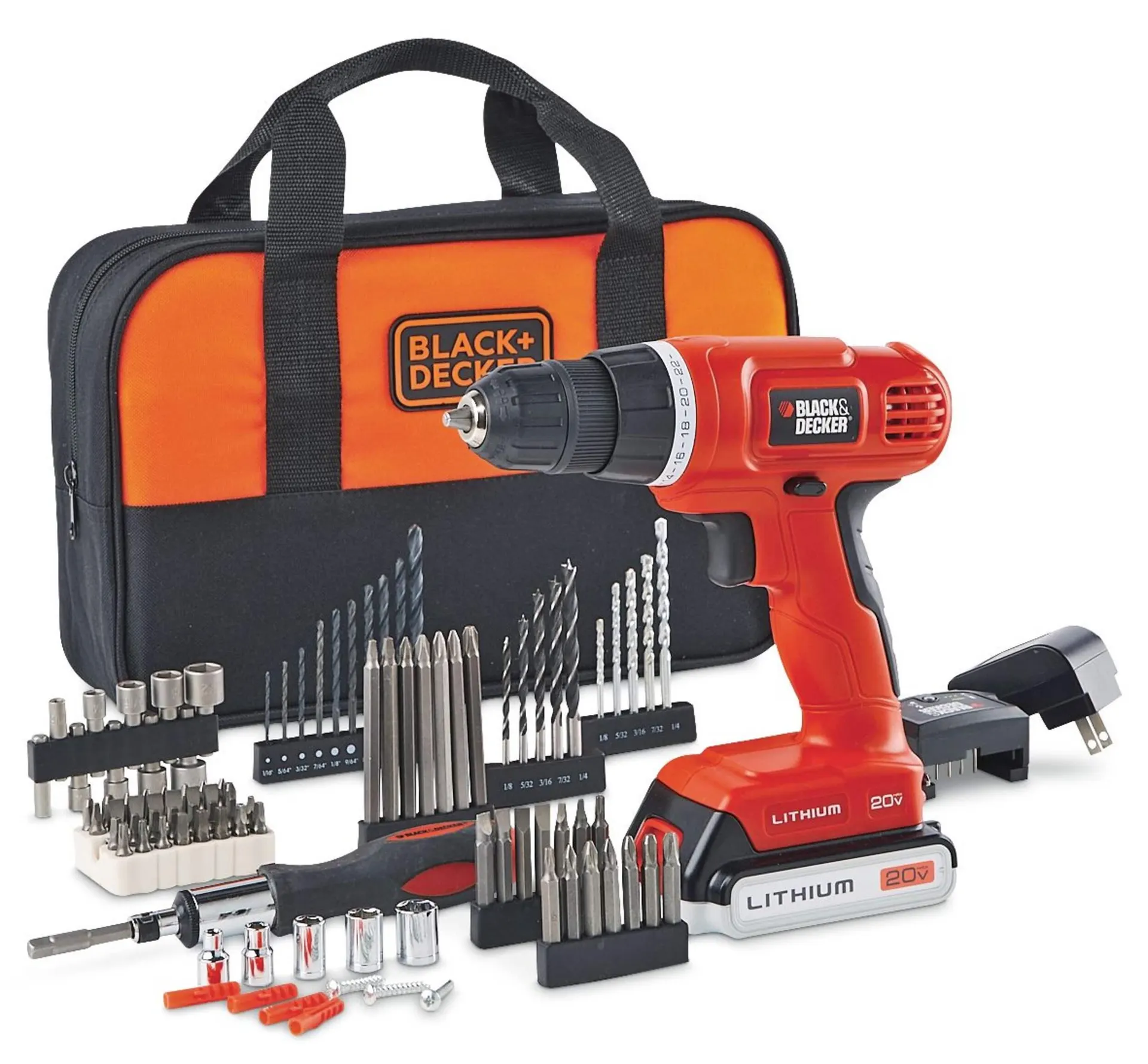 Black & Decker BDC120VACA 20V Cordless Drill with Battery, Charger & 100-pc Accessory Set, 3/8-in