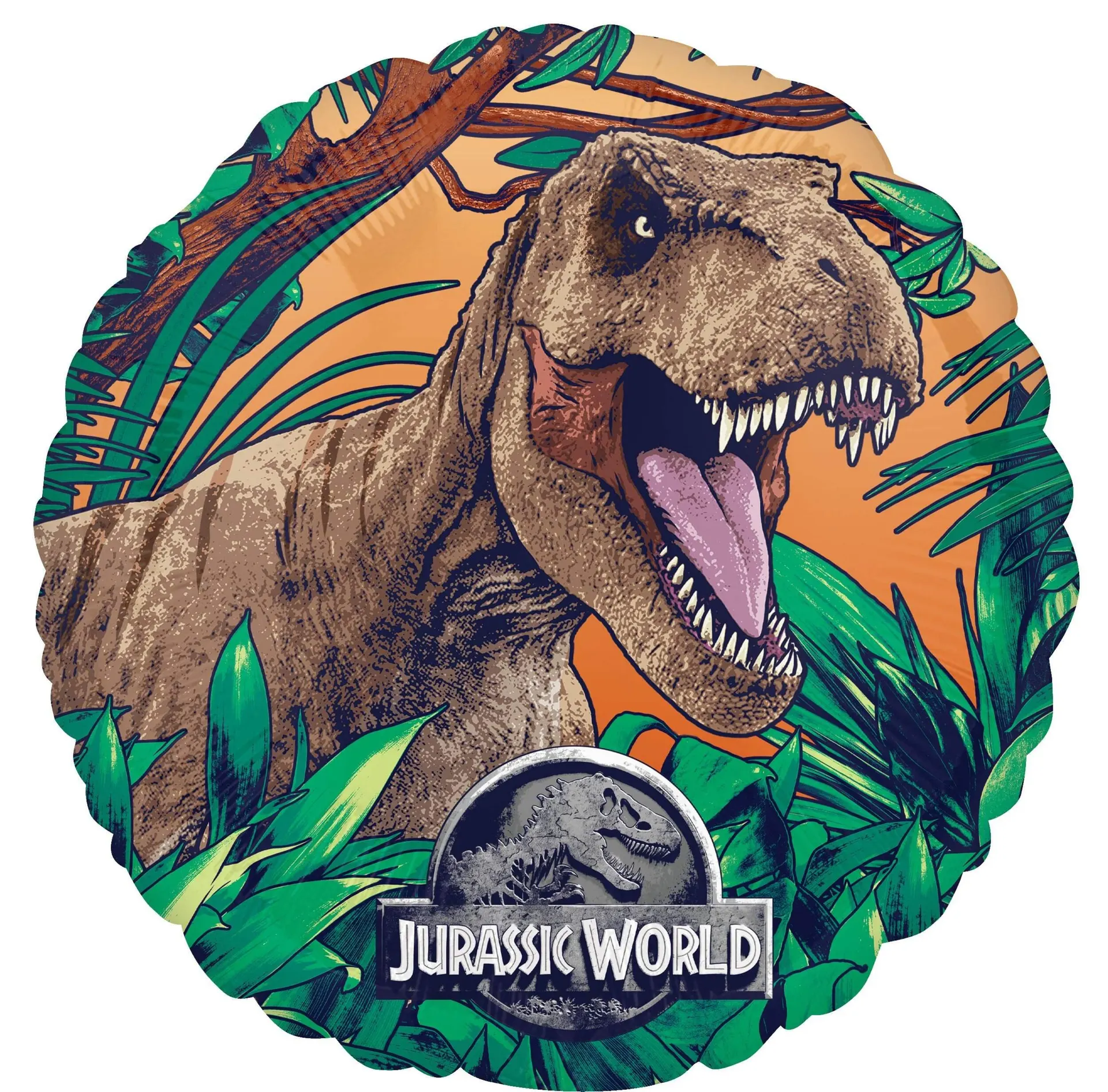 Jurassic World T-Rex Dinosaur Round Satin Foil Balloon, Brown/Green, 18-in, Helium Inflation & Ribbon Included for Birthday Party