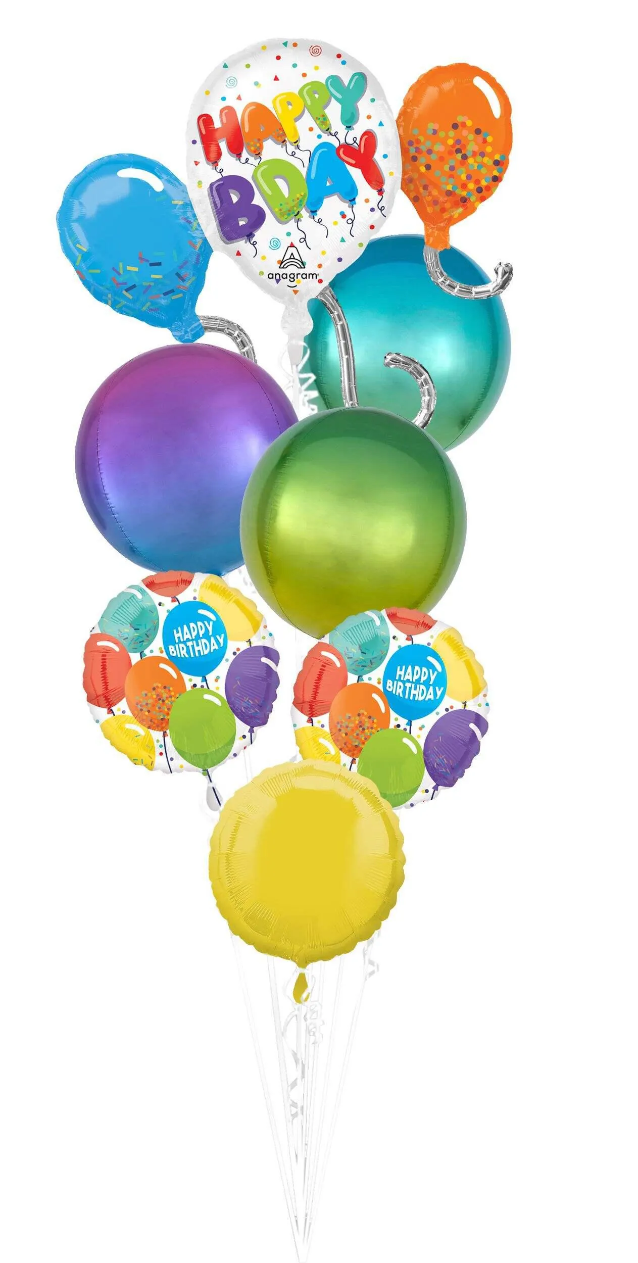 "Happy Bday" Round/Orbz Satin Foil Balloon Bouquet, Multi-Coloured, Confetti, 7-pk, Helium Inflation & Ribbon Included for Birthday Party