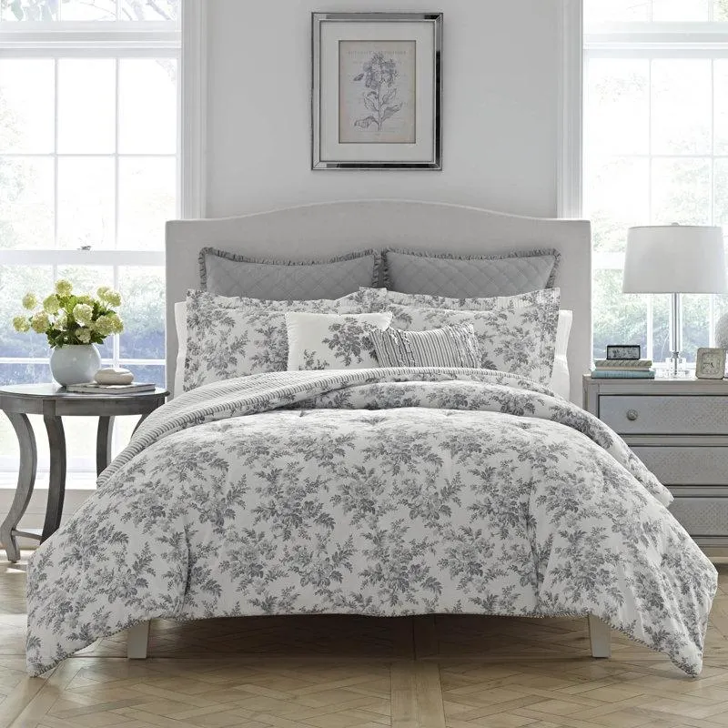 Laura Ashley Annalise Floral Grey Cotton Bonus Comforter Set
