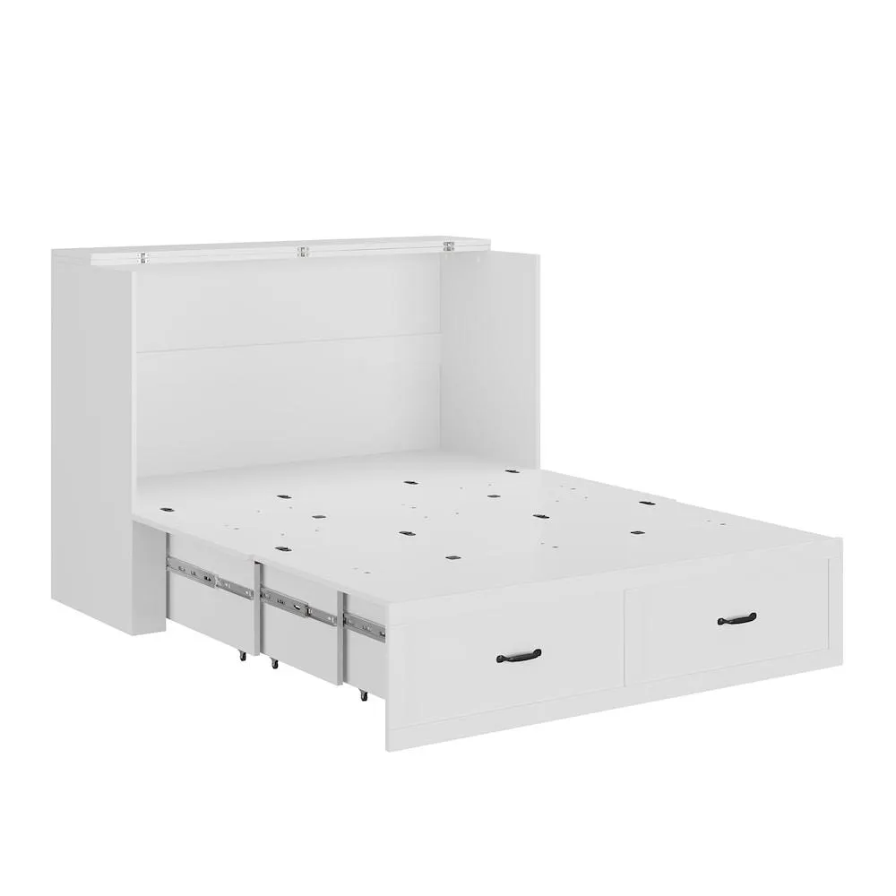 White Wood Queen-Size Murphy Bed Chest with 2 Large Drawers, USB Charging & Wheels