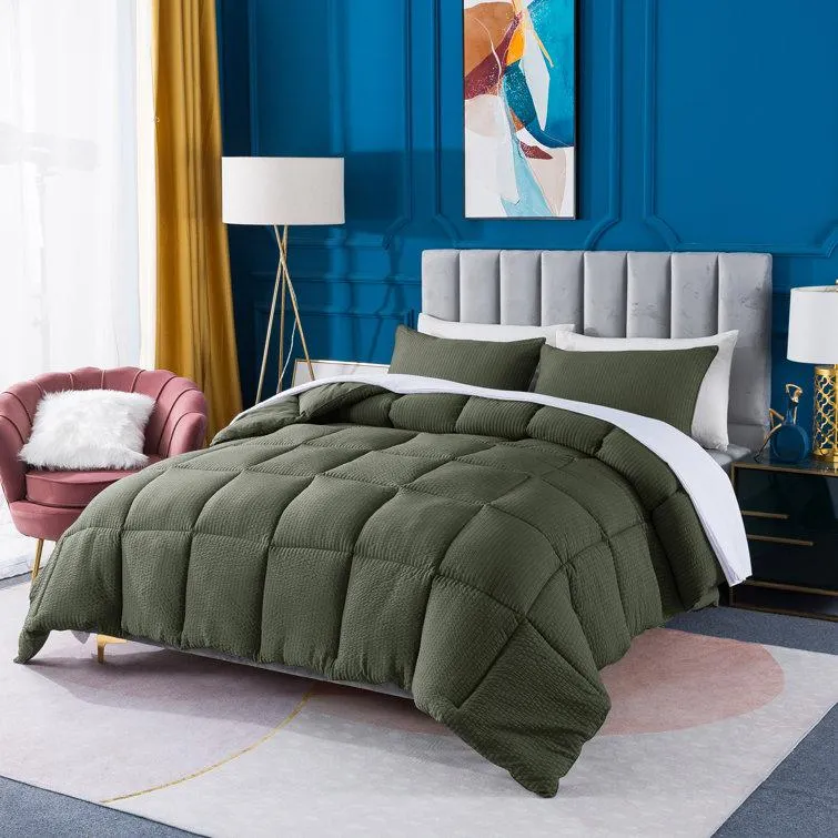 All Season Down Alternative Quilted Comforter Set-Soft Microfiber Seersucker Bedding Set Textured