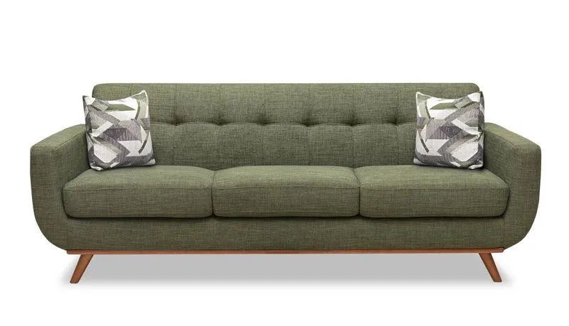 Kort & Co. Freeman 88" Avocado Green Linen-Look Sofa with Wood Base and Legs and Tufted Back Cushions