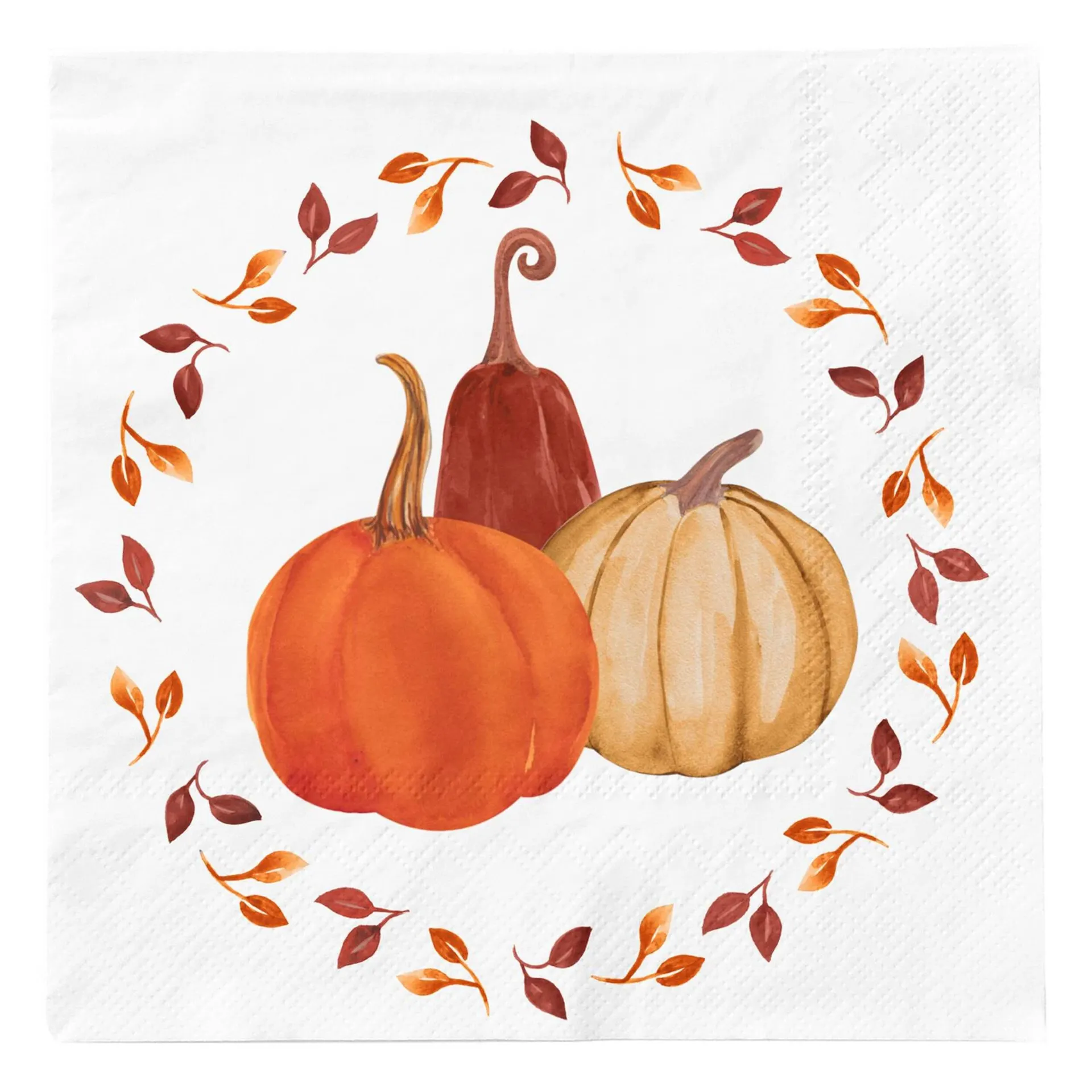 Sophistiplate Pumpkin & Leaves, Square Paper Disposable Beverage Napkins, White/Orange, 5-in, 20-pk, 3-ply, for Fall