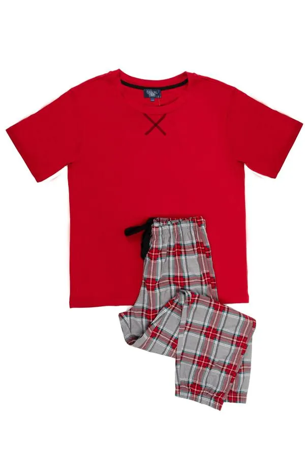 Men's short-sleeve, pressed polar PJ set - Red tartan