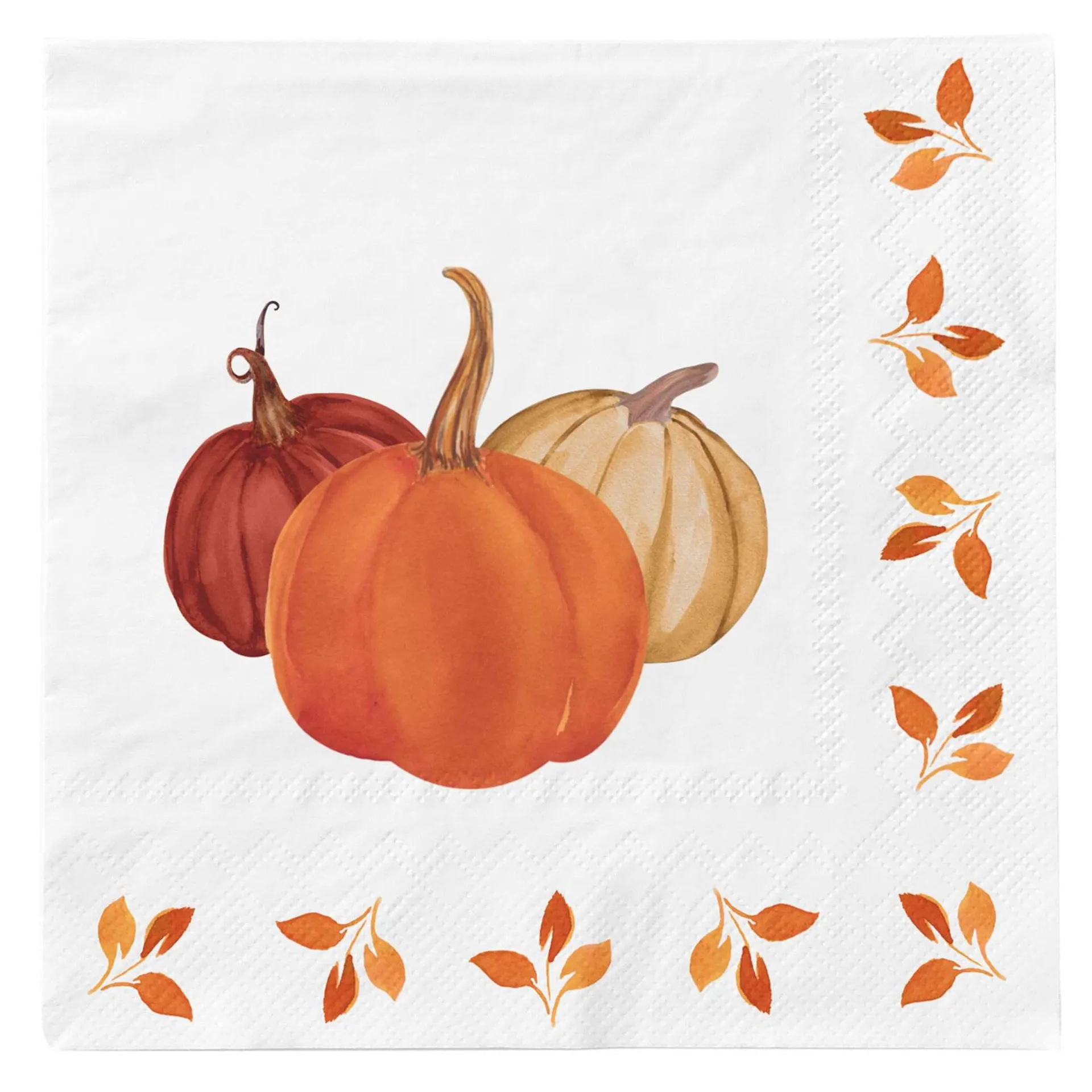 Sophistiplate Pumpkin & Leaves, Square Paper Disposable Lunch Napkins, White/Orange, 6.5-in, 20-pk, 3-ply, for Fall