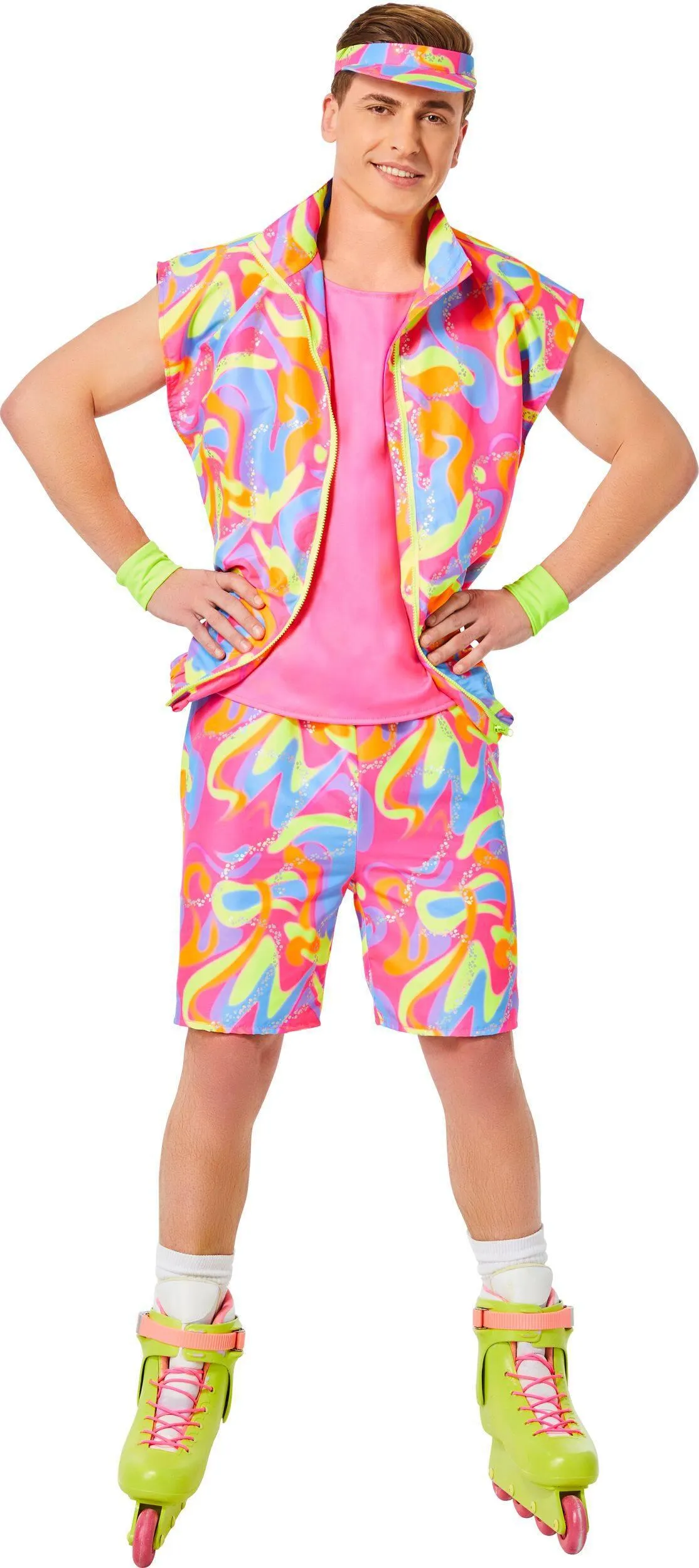 Adult Mattel Barbie Movie Ken Roller Blading Pink Vest Shirt & Shorts Halloween Costume, Assorted Sizes