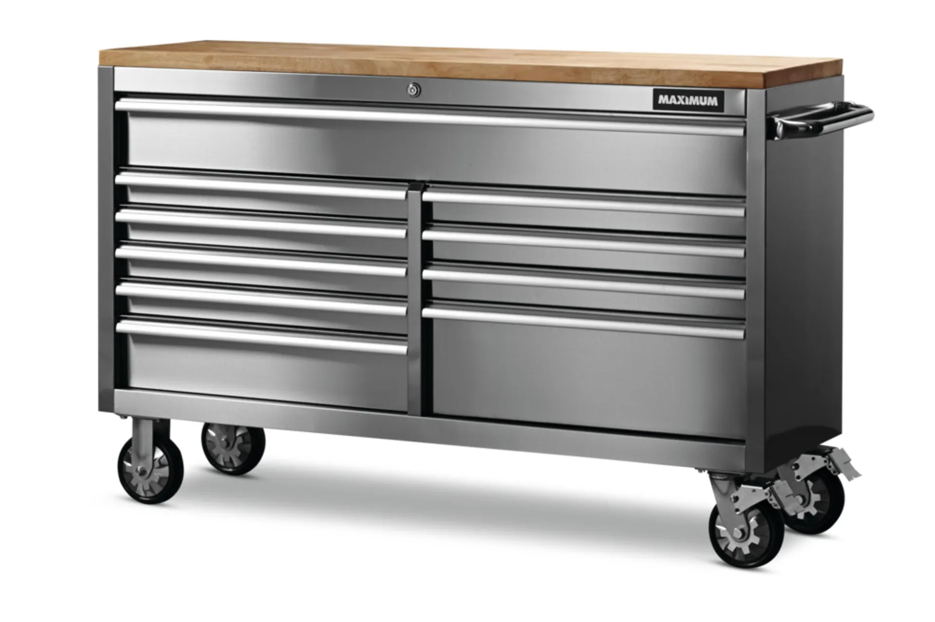 MAXIMUM Butcher Block Top Rolling Tool Storage Cabinet with 10 Drawers, Stainless Steel, 56-in