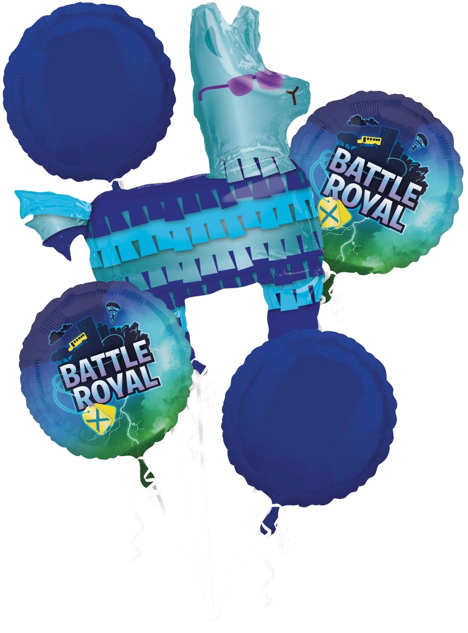 Battle Royal Llama Satin Foil Balloon Bouquet, Blue, 5-pk, Helium Inflation & Ribbon Included for Birthday Party
