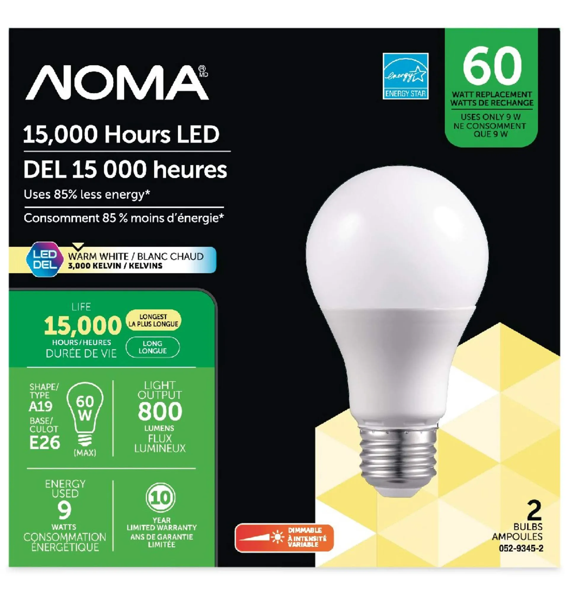 NOMA A19 E26 Base Dimmable LED Light Bulbs, 800 Lumens, Warm White, 60W, 2-pk