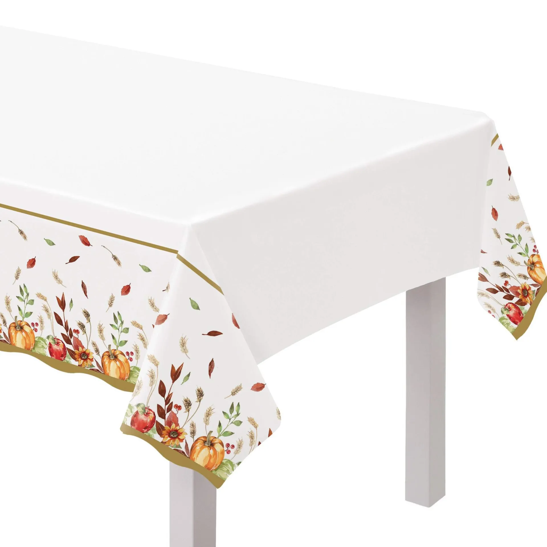 Grateful Day Rectangle Plastic Reusable Table Cover, White Multi-Coloured, Pumpkin/Flower, 54-in x 102-in, for Thanksgiving