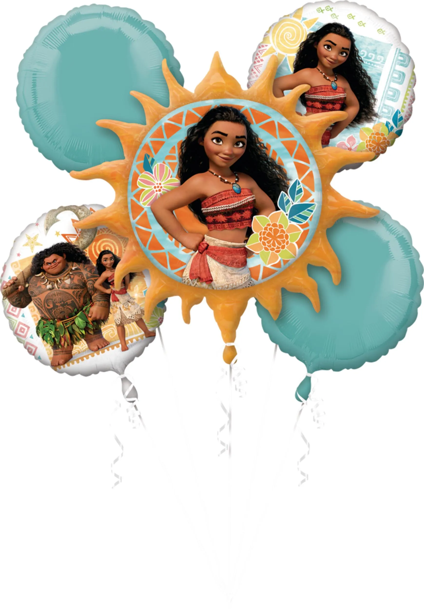 Disney Moana Sun/Round Satin Foil Balloon Bouquet, Orange/Blue, 5-pk, Helium Inflation & Ribbon Included for Birthday Party