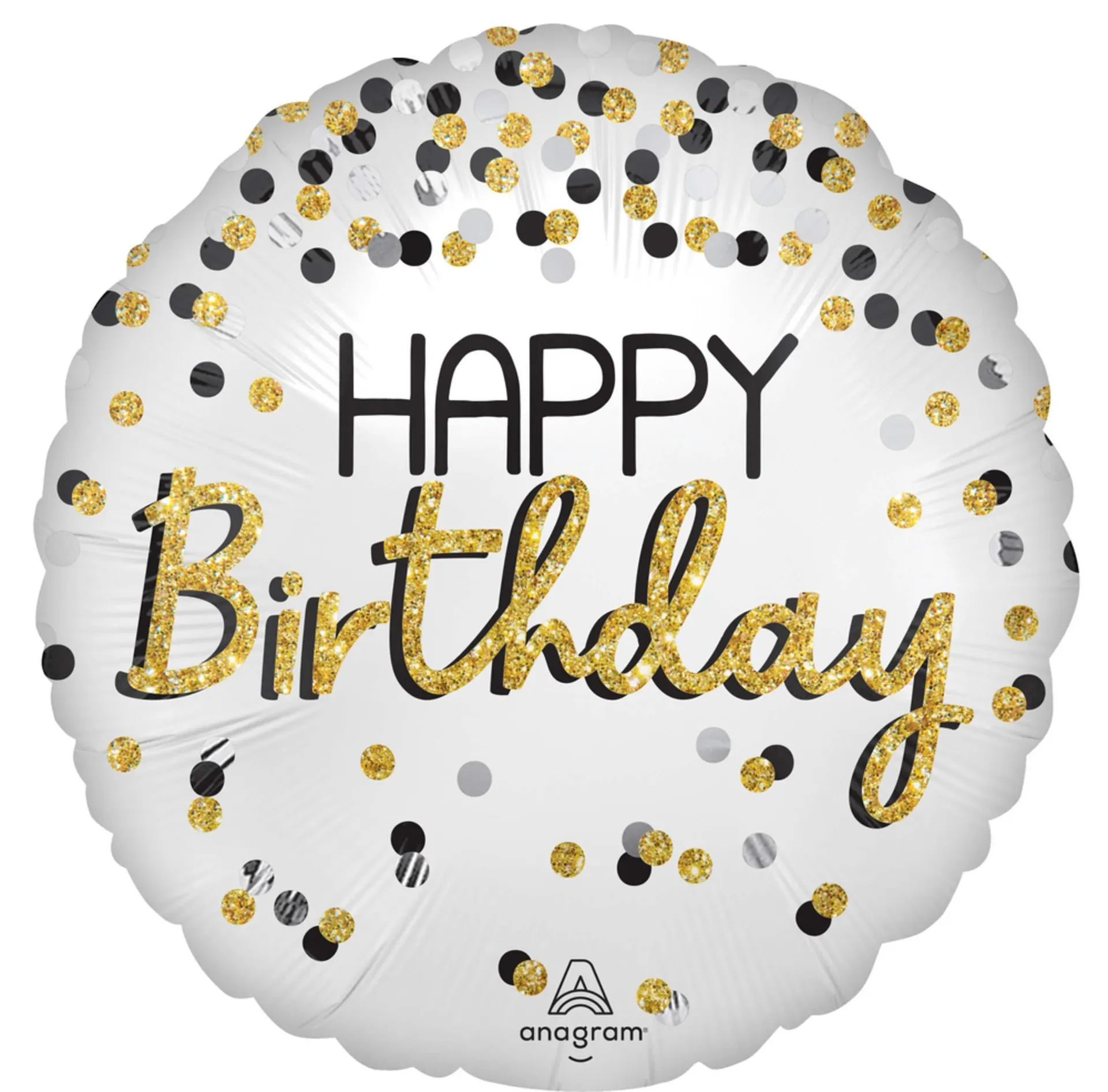 "Happy Birthday" Round Satin Foil Balloon, White/Gold, Polka Dot, 28-in, Helium Inflation & Ribbon Included for Birthday Party