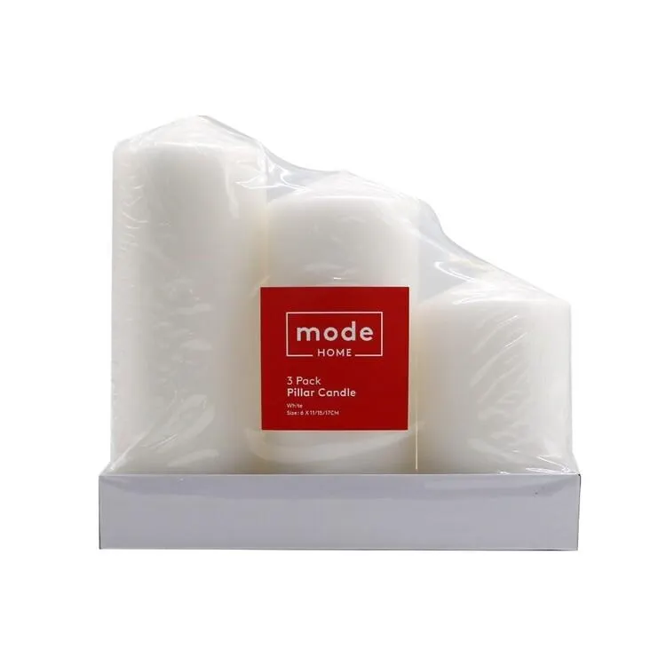 Mode Home Pillar Candle 3 Pack White 18.5 x 6 x 3 cm