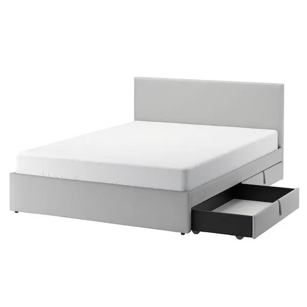 Upholstered bed, 4 storage boxes , Kabusa light gray,