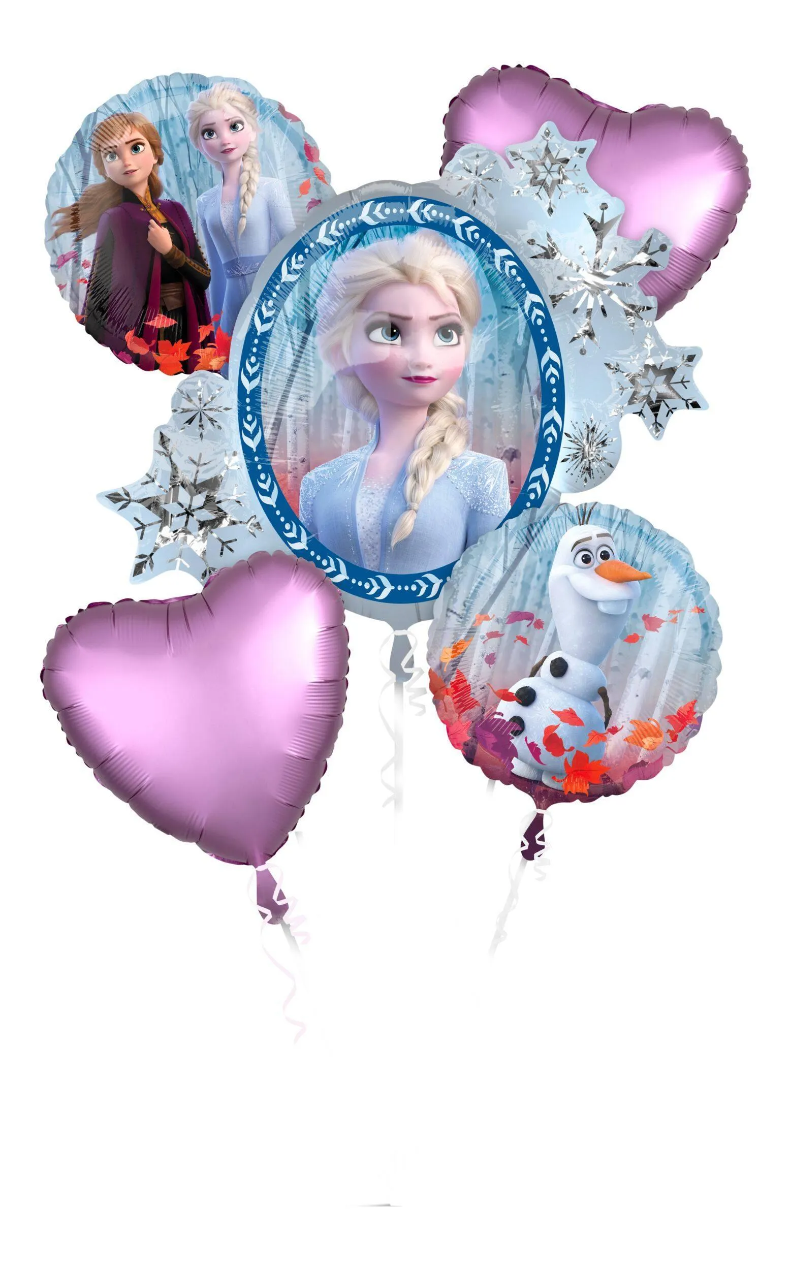 Disney Frozen Elsa/Anna/Olaf Heart/Round Satin Foil Balloon Bouquet, Blue/Purple, 5-pk, Helium Inflation & Ribbon Included for Birthday Party