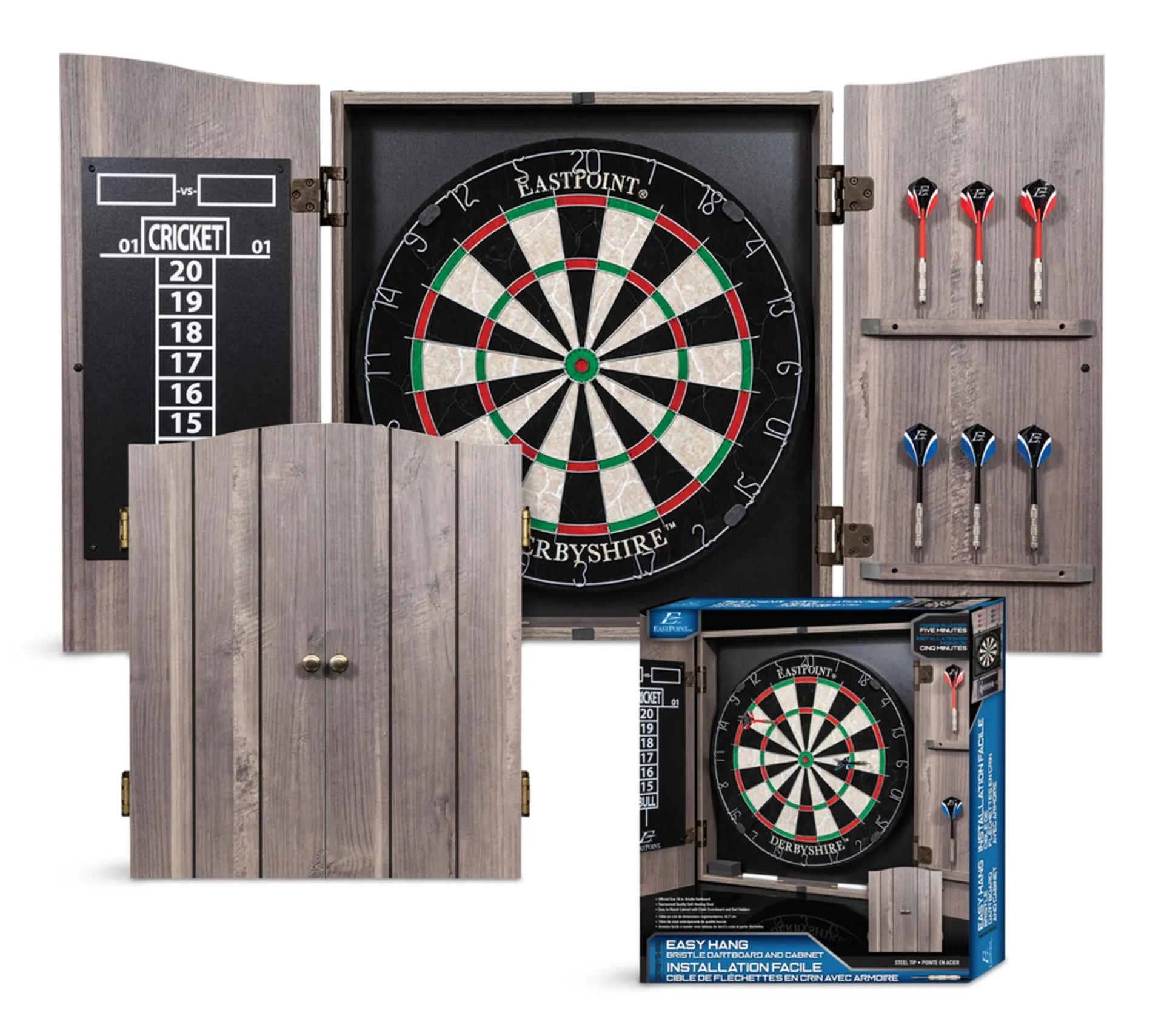 EastPoint Derbyshire Sisal Bristle Dartboard Cabinet Set w/ 6 Darts & Chalk Scoreboard,