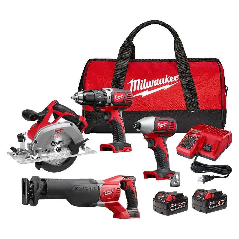 M18 18V Li-Ion Hammer Drill, Impact Driver, SAWZALL, Circ Saw Kit (4-Tool) w/ (2) 3.0Ah Batteries