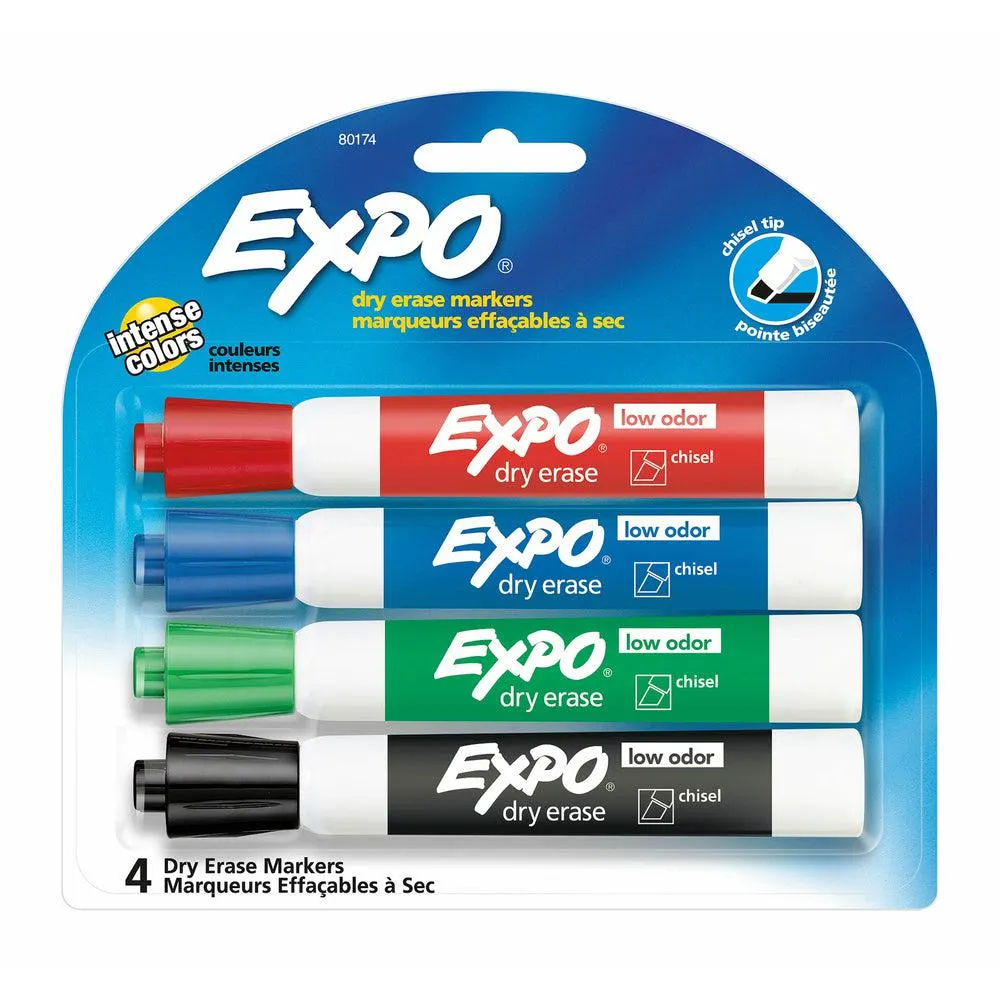 Expo Low Odour Dry Erase Markers - Chisel Tip - Assorted Colours - 4 Pack