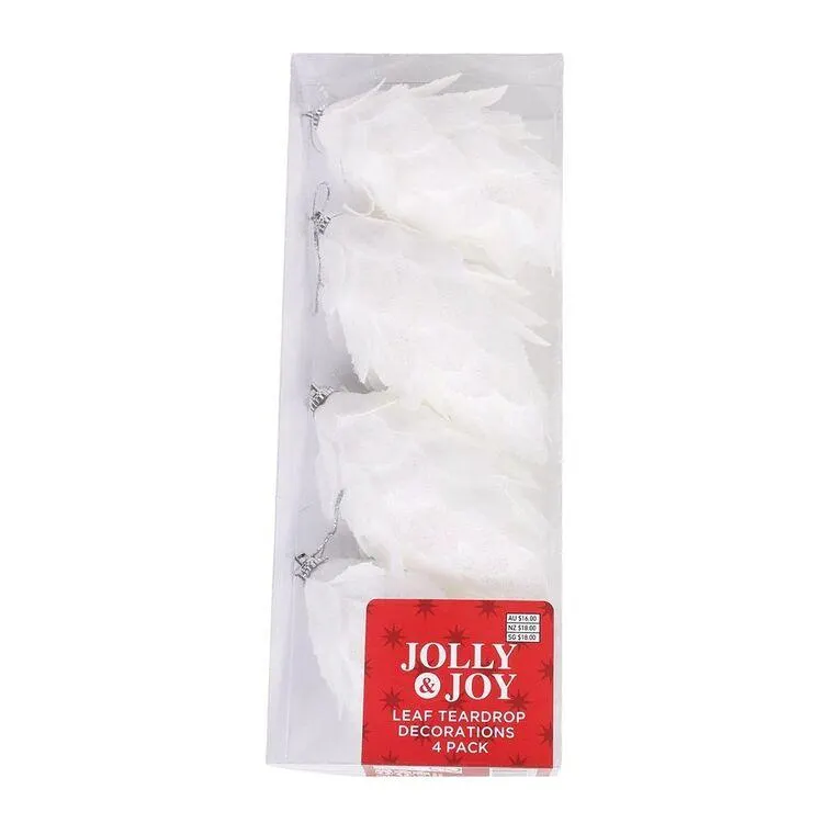 Jolly & Joy White Snow Leaf Teardrop Christmas Tree Decoration 4-pack White