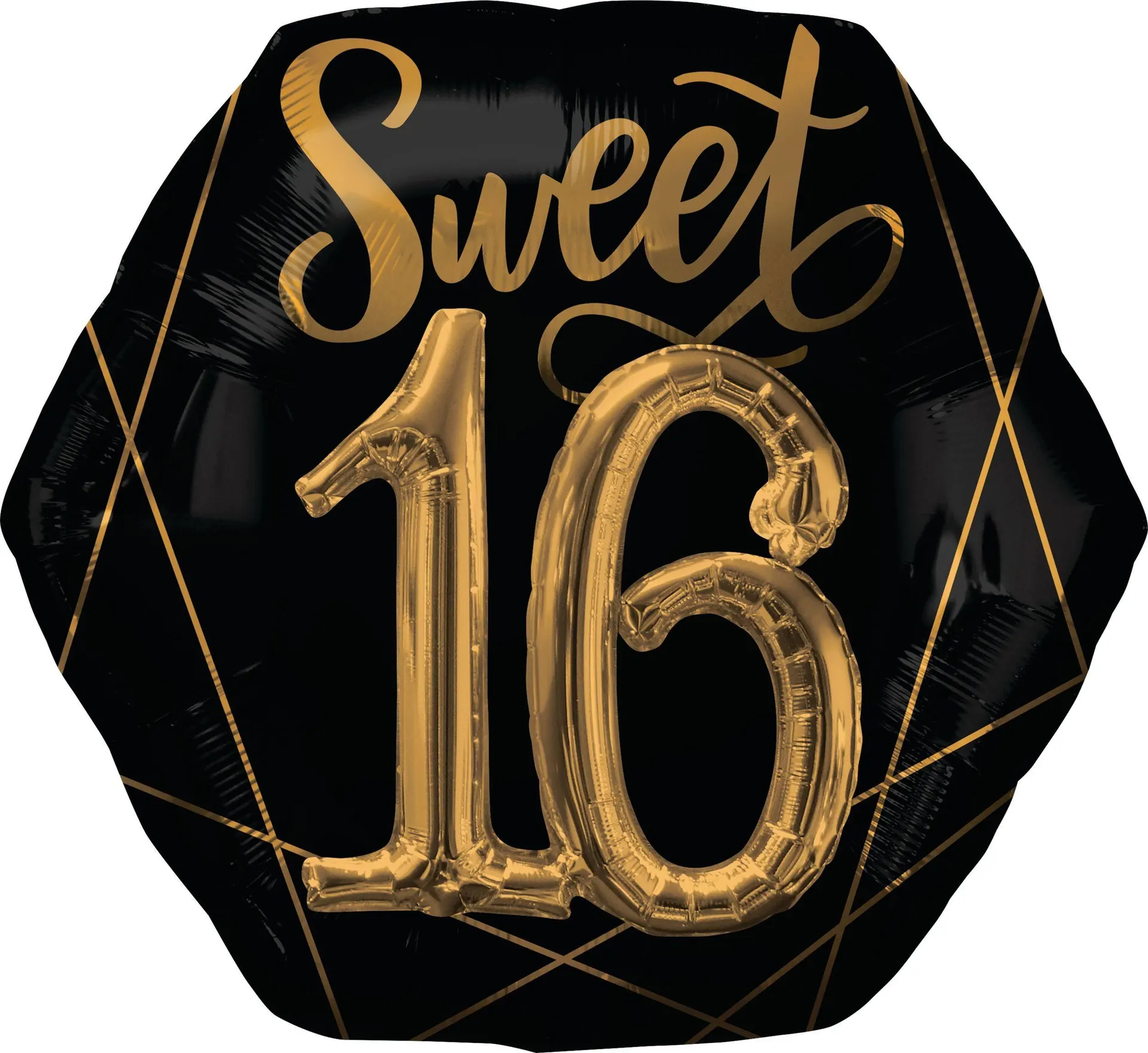 "Sweet 16" 3D Octagon Satin Foil Balloon, Black/Gold, 30-in, Helium Inflation & Ribbon Included for Birthday Party