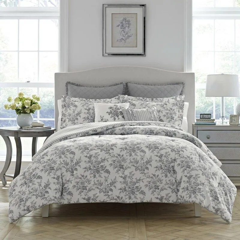 Laura Ashley Annalise Floral Grey Cotton Bonus Comforter Set