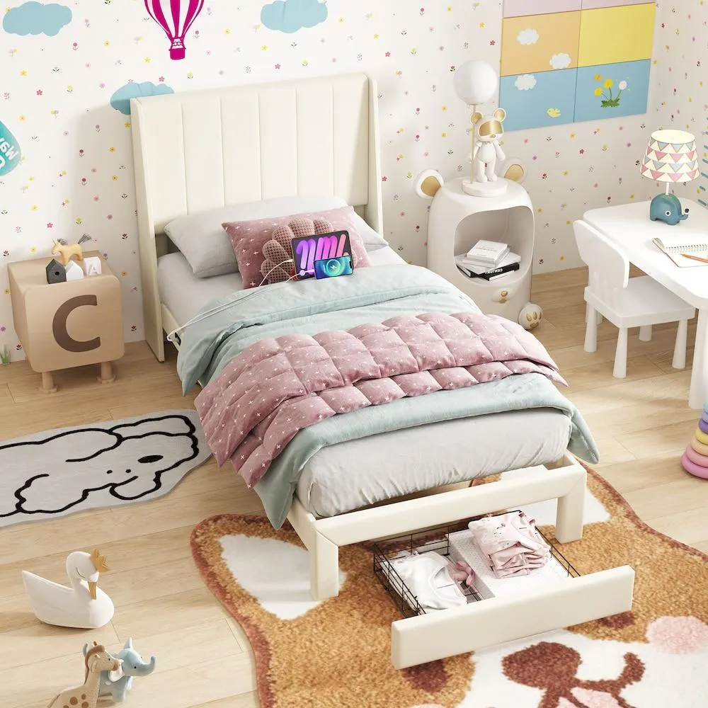 SUMMIT Twin Beige Platform Bed with Wingback LED Headboard, Charging Ports, Storage Drawer