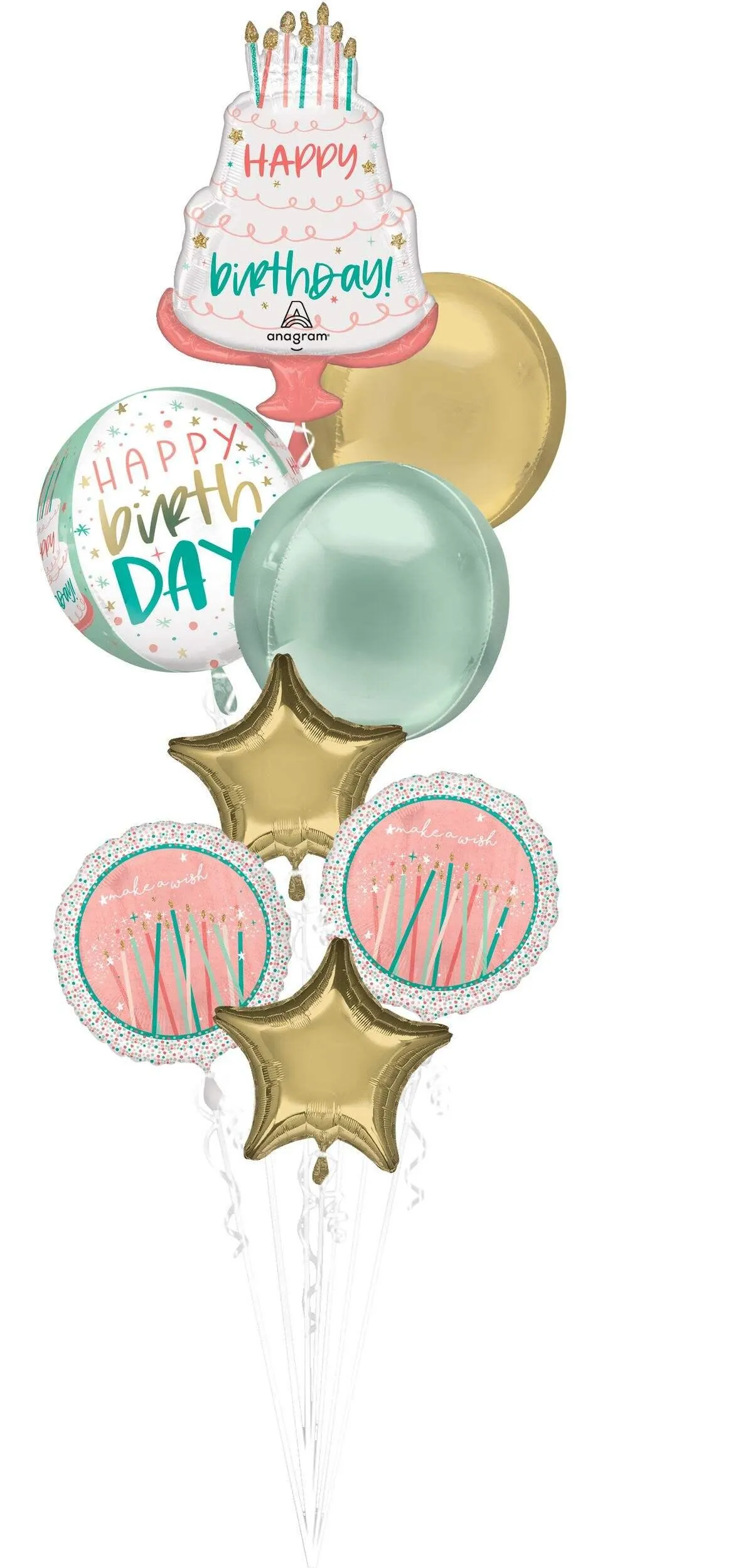Happy Cake Day "Happy Birthday" Star/Orbz Satin Foil Balloon Bouquet, Pink/Blue, 8-pk, Helium Inflation & Ribbon Included for Birthday Party