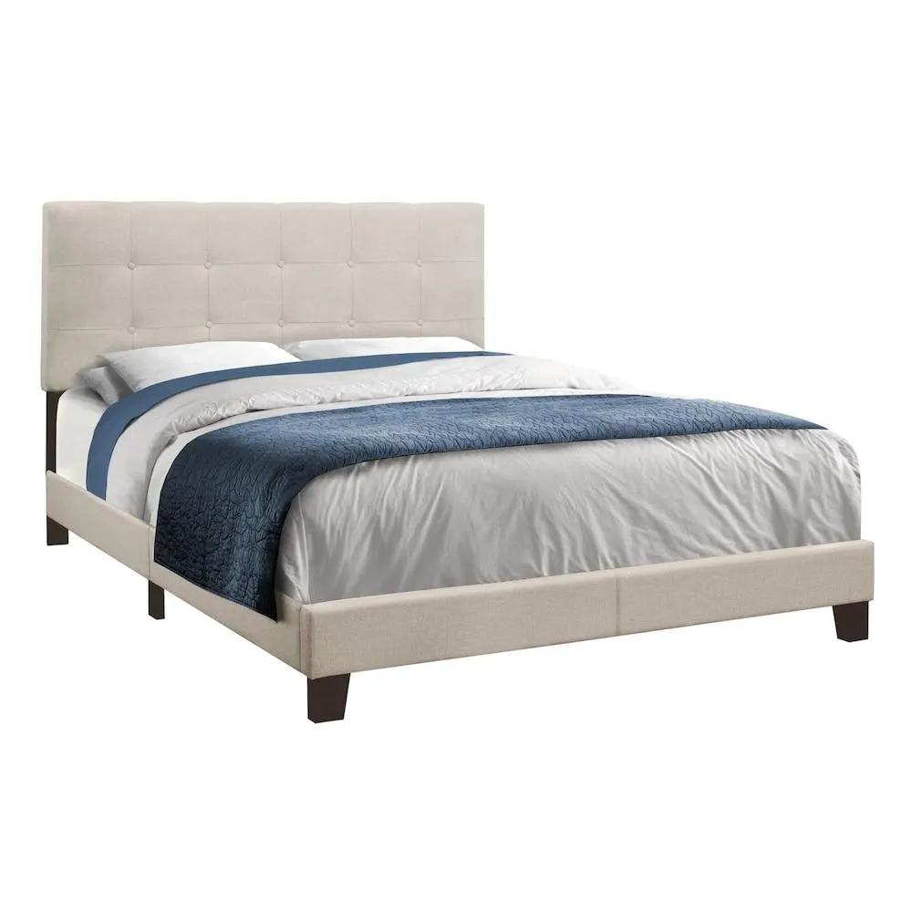 Bed, Queen Size, Platform, Bedroom, Frame, Upholstered, Linen Look, Wood Legs, Beige, Black