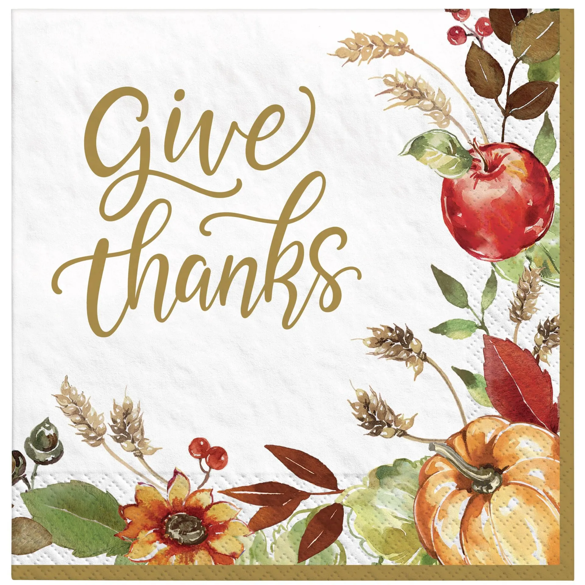 Grateful Day "Give Thanks" Square Paper Disposable Dinner Napkins, White Multi-Coloured, Pumpkin/Flower, 8-in, 36-pk, 2-ply, for Thanksgiving