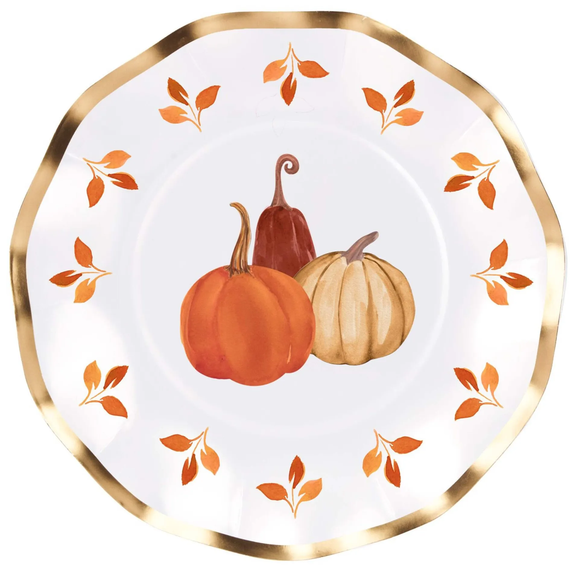 Sophistiplate Pumpkin & Leaves, Round Paper Disposable Dinner Plates with Foil Accents, White/Gold/Orange, 8-in, 8-pk, for Fall