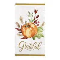 Grateful Day "Grateful" Rectangle Paper Disposable Guest Towel Napkins, White Multi-Coloured, Pumpkin/Flower, 8-in, 16-pk, 2-ply, for Thanksgiving