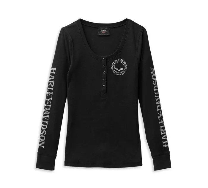 Women's Skull Snap Front Long Sleeve Henley - Black Beauty 2